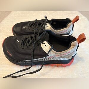 Altra Olympus 4 Black and White Trail Running Shoes with Orange Sole, Size 8.5